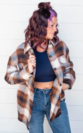 COZY OVERSIZED BROWN PLAID BUTTON DOWN SHIRT JACKET - Final Sale