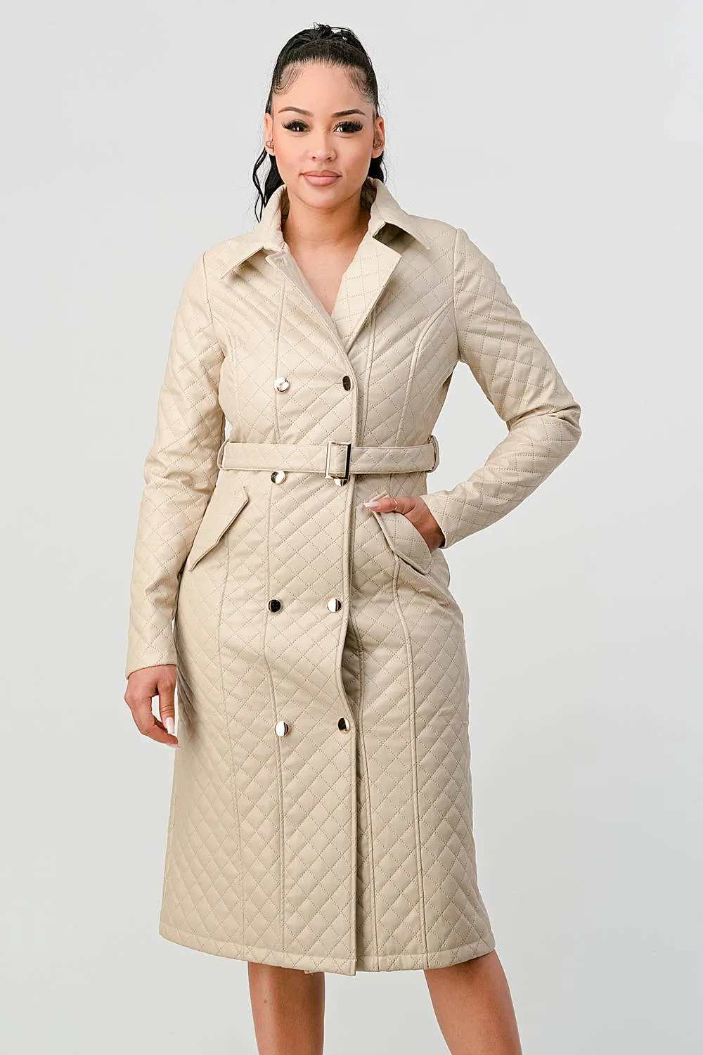 COZY QUILTED PADDED WAIST TIE POCKETS COAT