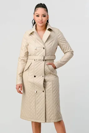 COZY QUILTED PADDED WAIST TIE POCKETS COAT