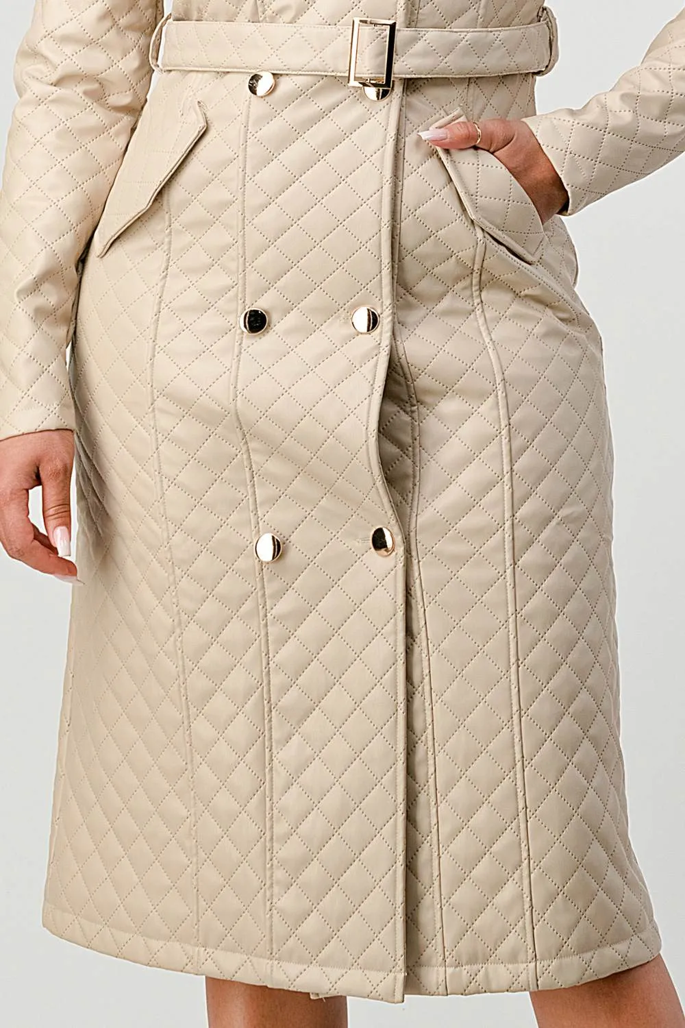 COZY QUILTED PADDED WAIST TIE POCKETS COAT