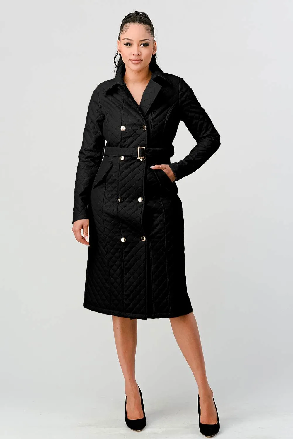 COZY QUILTED PADDED WAIST TIE POCKETS COAT