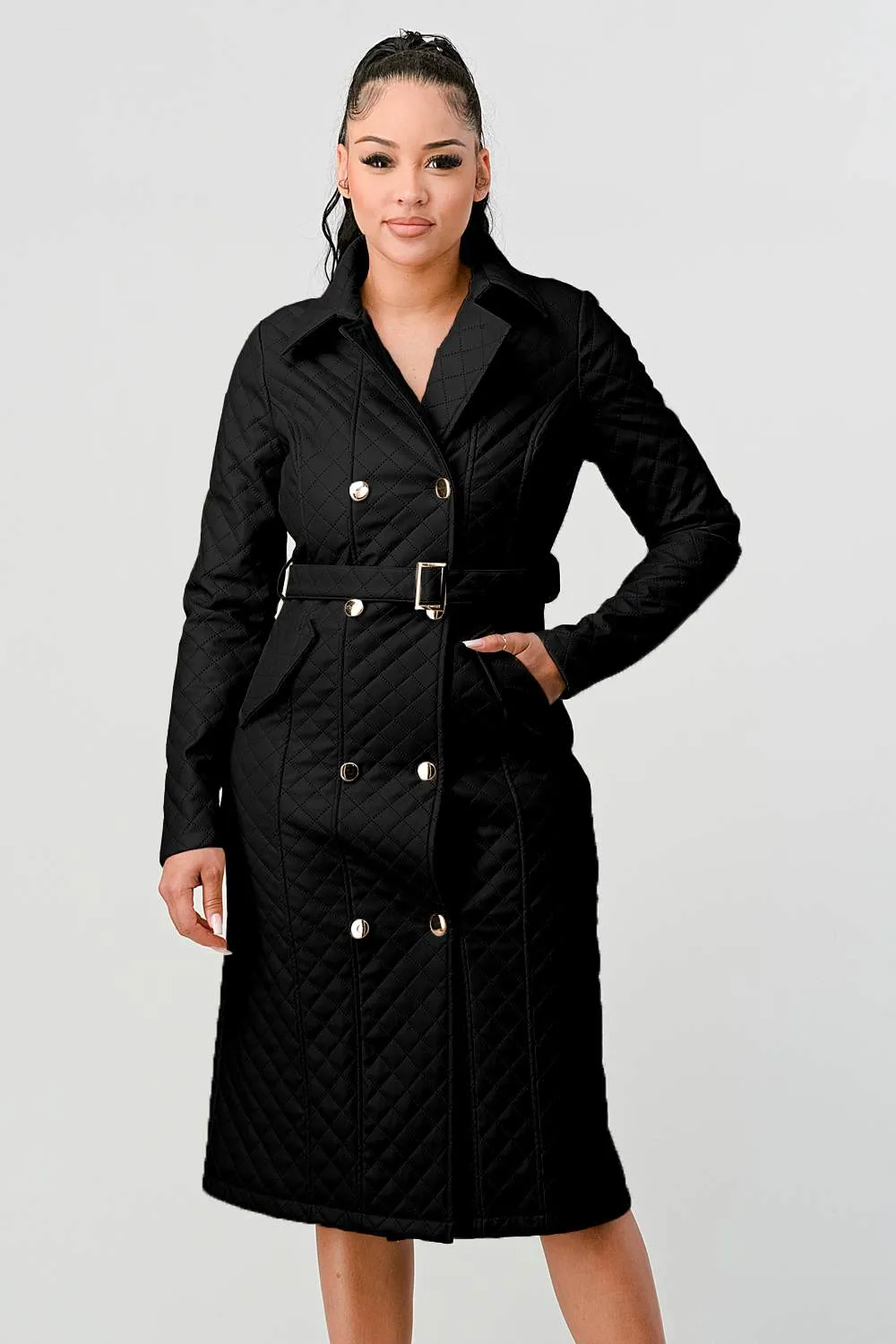 COZY QUILTED PADDED WAIST TIE POCKETS COAT