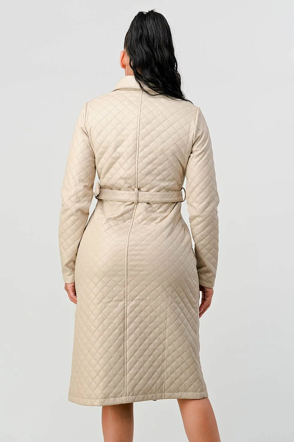 COZY QUILTED PADDED WAIST TIE POCKETS COAT