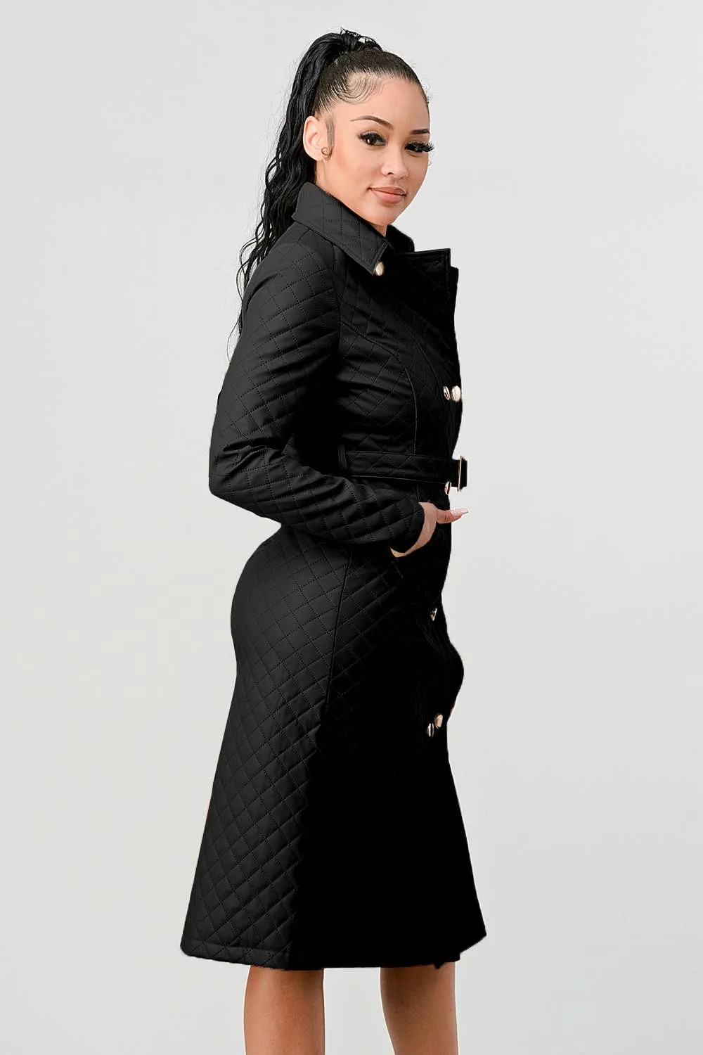 COZY QUILTED PADDED WAIST TIE POCKETS COAT