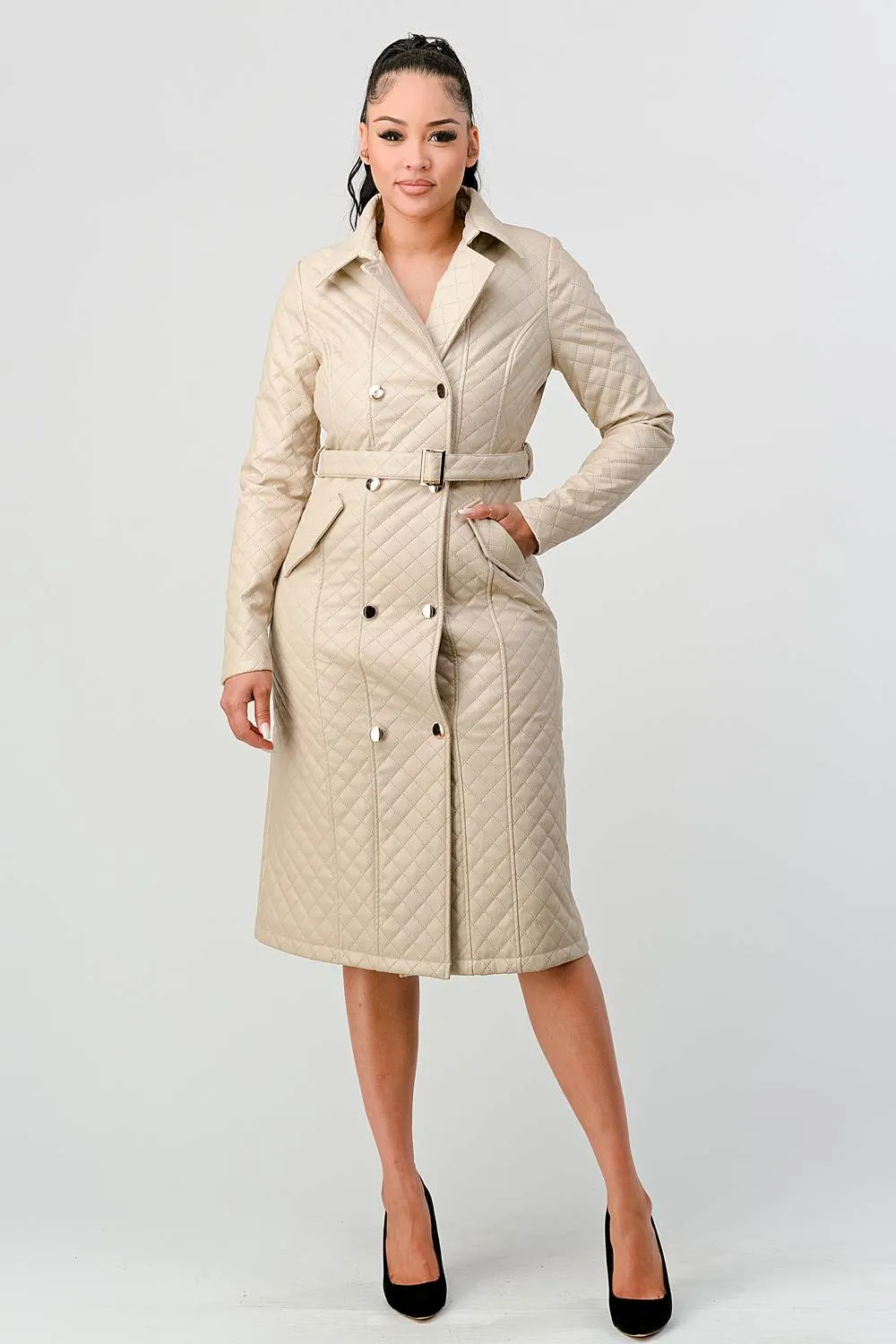 COZY QUILTED PADDED WAIST TIE POCKETS COAT