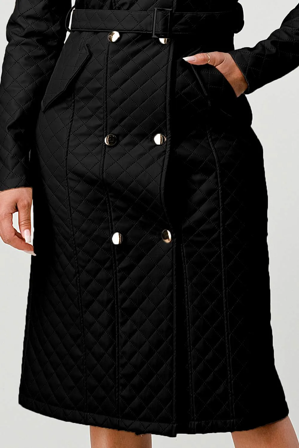 COZY QUILTED PADDED WAIST TIE POCKETS COAT