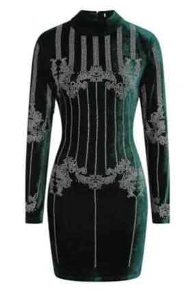 Crush Green Velvet Embellished Rhinestone Long Sleeve Bodycon Dress