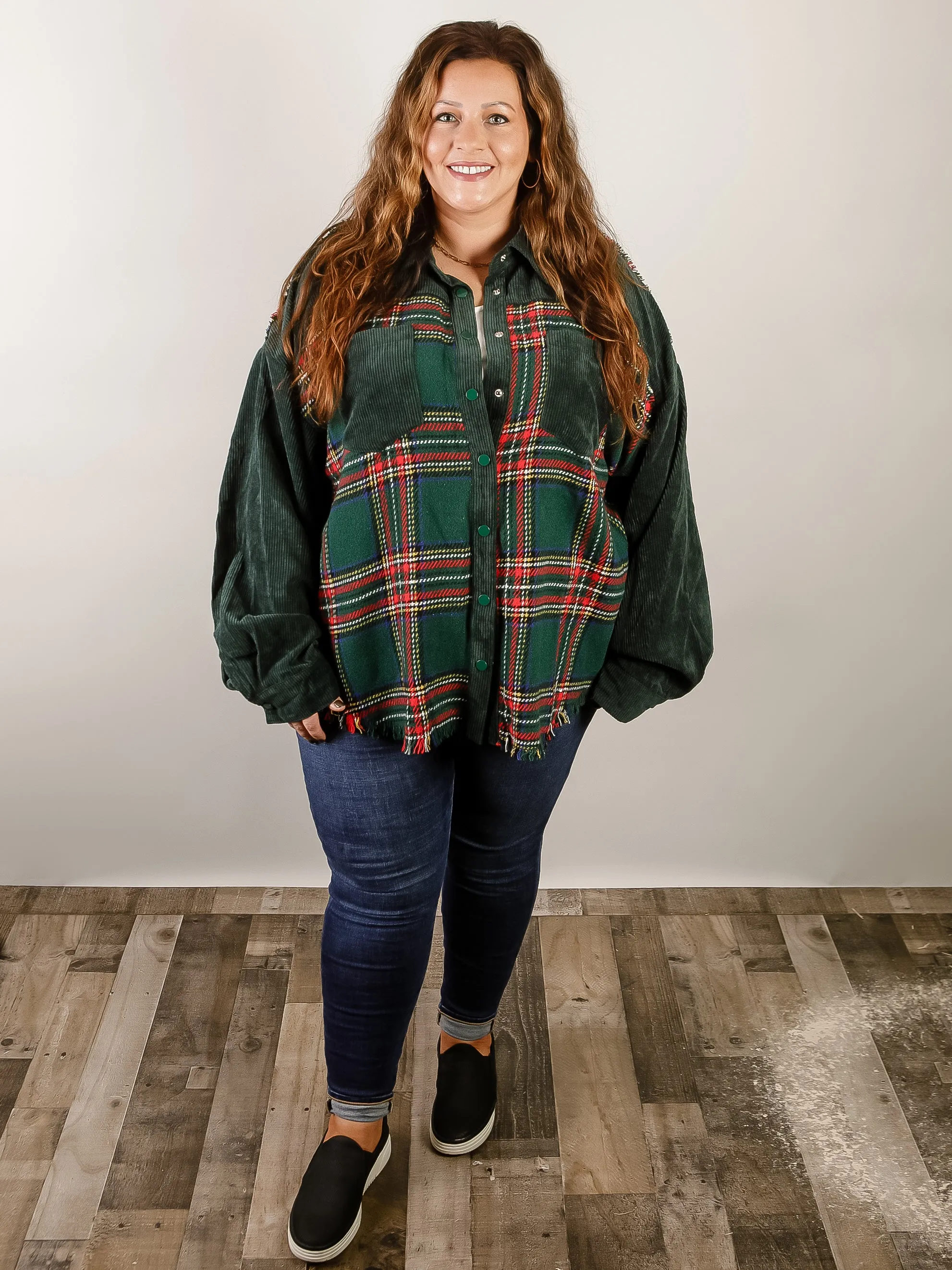 Curvy Green Corduroy with Plaid Front Shacket