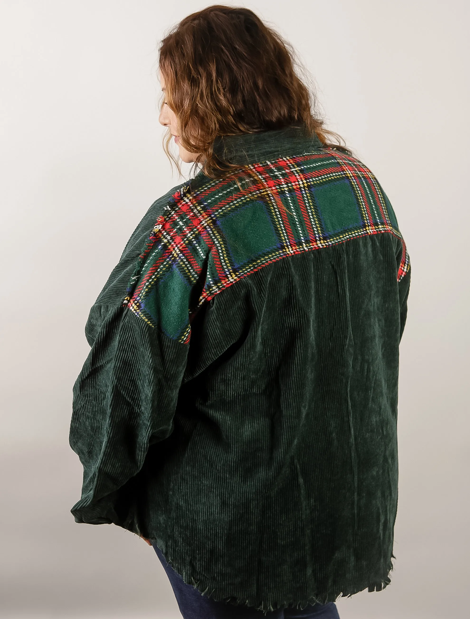 Curvy Green Corduroy with Plaid Front Shacket