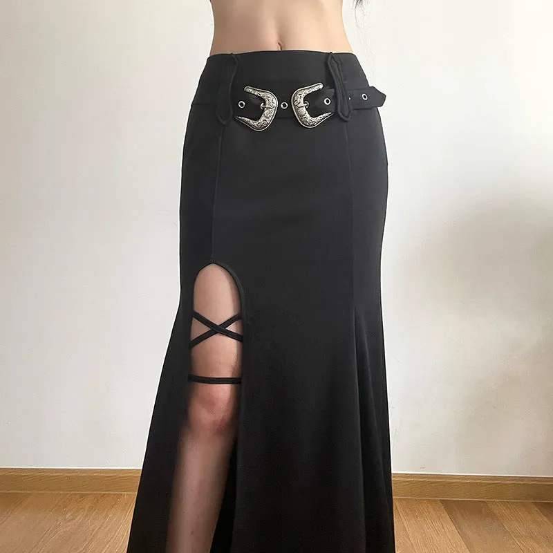 Dark Long Open Buckle Belt Skirt