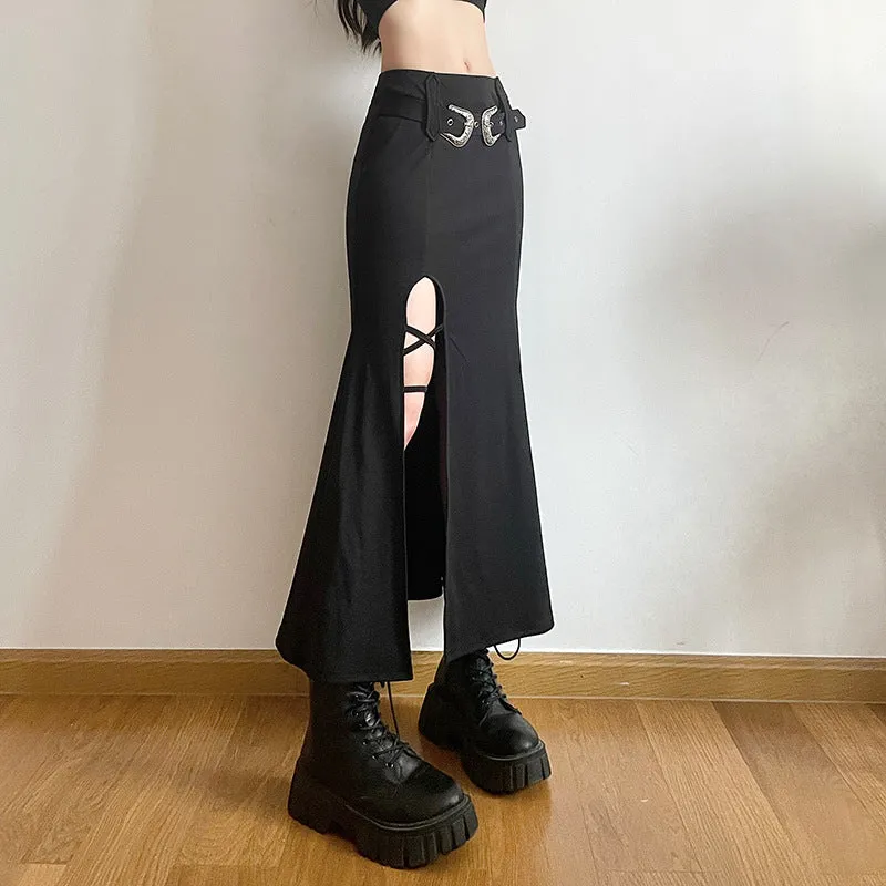 Dark Long Open Buckle Belt Skirt