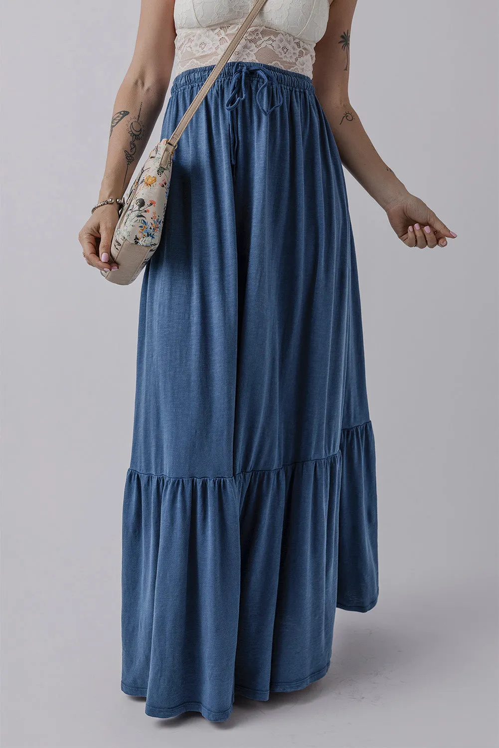 Denim Chambray Tiered Maxi Skirt