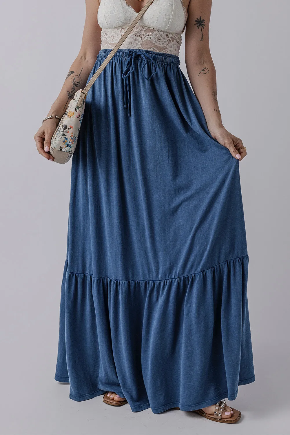 Denim Chambray Tiered Maxi Skirt