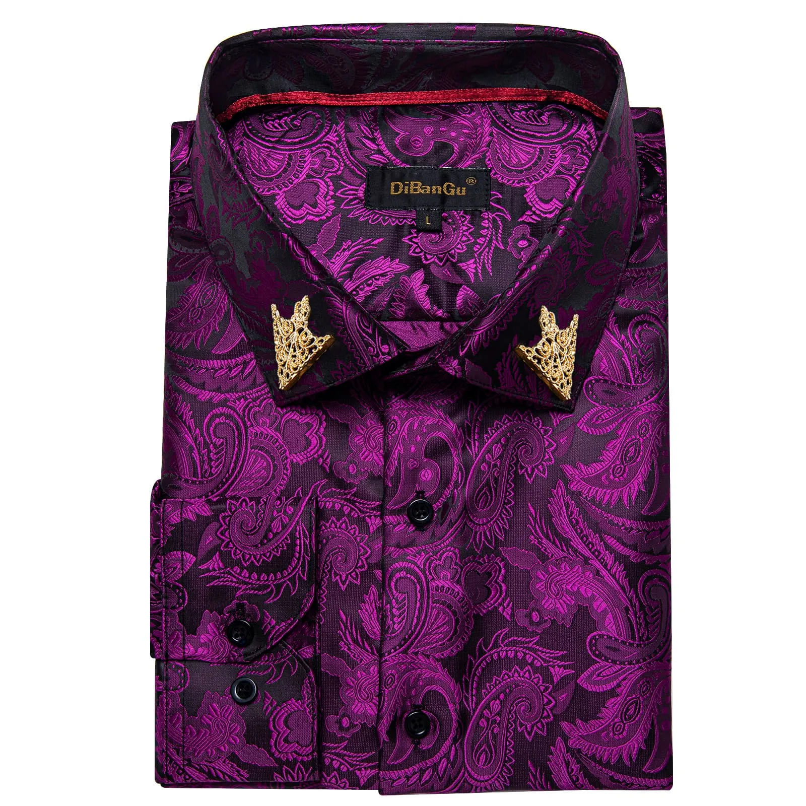 DiBanGu Tuxedo Shirt Deep Purple Paisley Silk Button Down Men's Dress Shirt