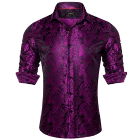 DiBanGu Tuxedo Shirt Deep Purple Paisley Silk Button Down Men's Dress Shirt