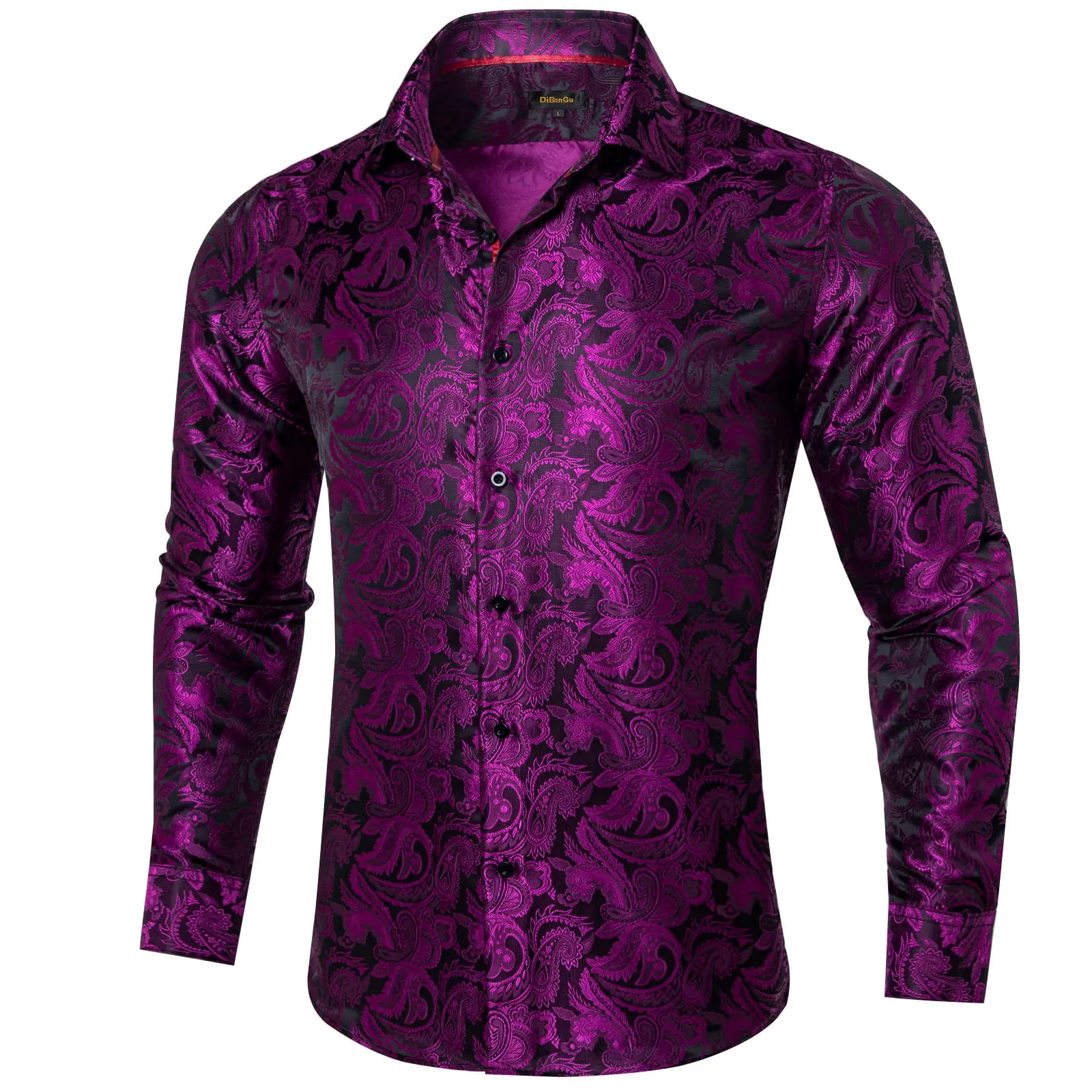 DiBanGu Tuxedo Shirt Deep Purple Paisley Silk Button Down Men's Dress Shirt