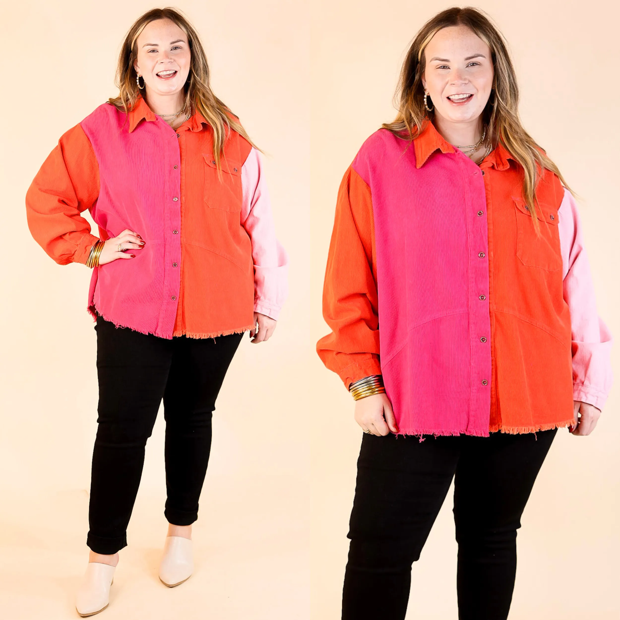 Down The Street Color Block Corduroy Jacket in Pink and Red