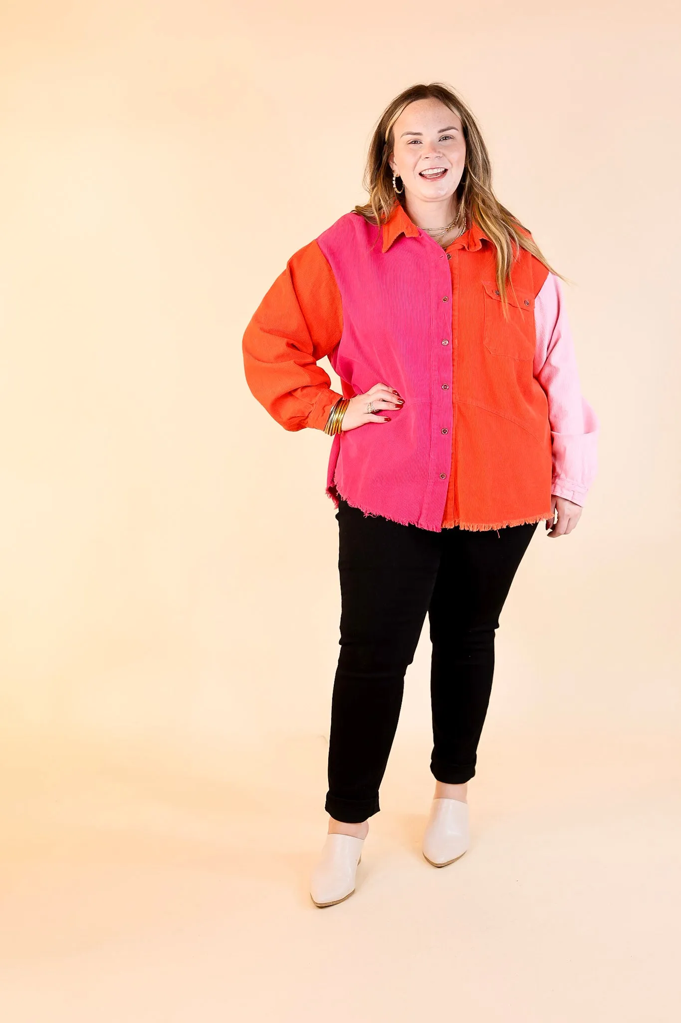 Down The Street Color Block Corduroy Jacket in Pink and Red