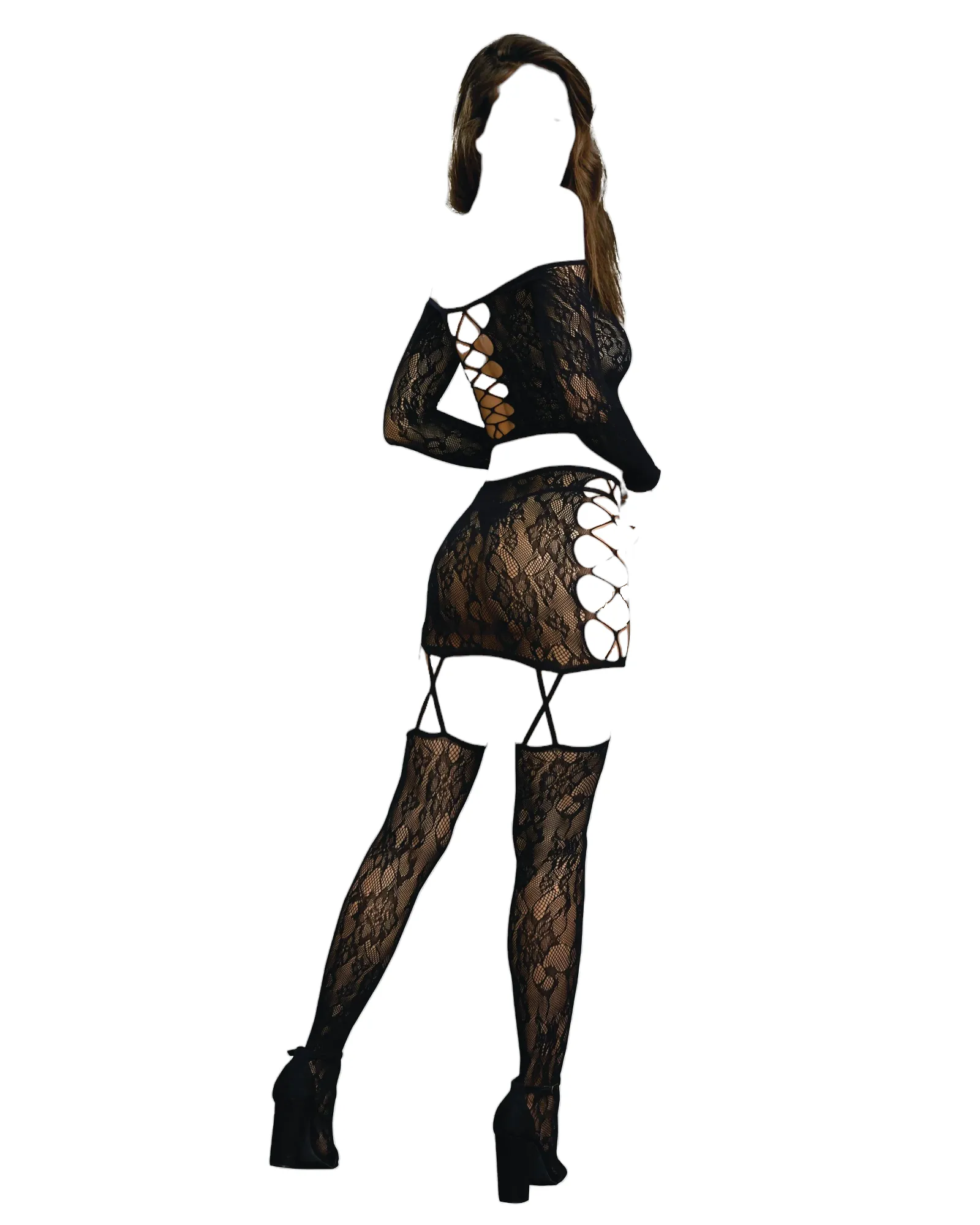 Dreamgirl Lace Patterned Knit Set with Attached Garters and Stockings Black One Size