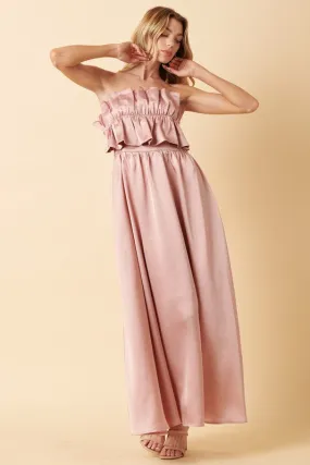 Dusty Mauve Satin Ruffle Bust With Tie Back Maxi Dress