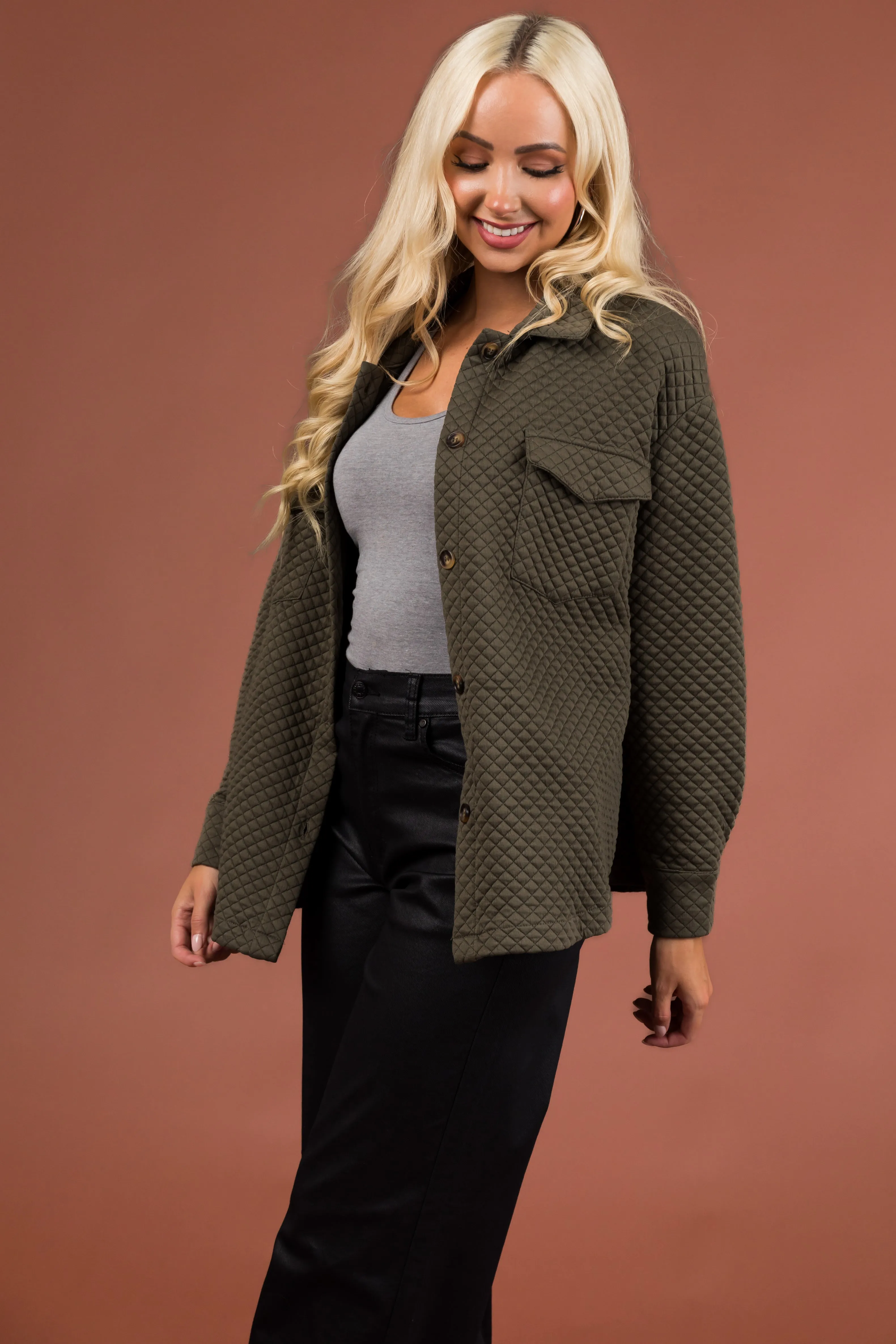 Dusty Olive Lattice Quilted Chest Pocket Shacket