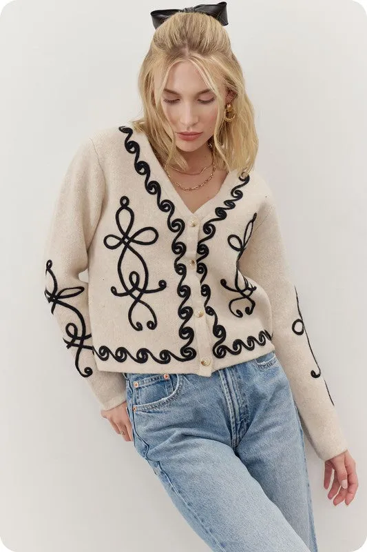 Ecru/Black Contrast Squiggle Embroidered Cardigan Sweater