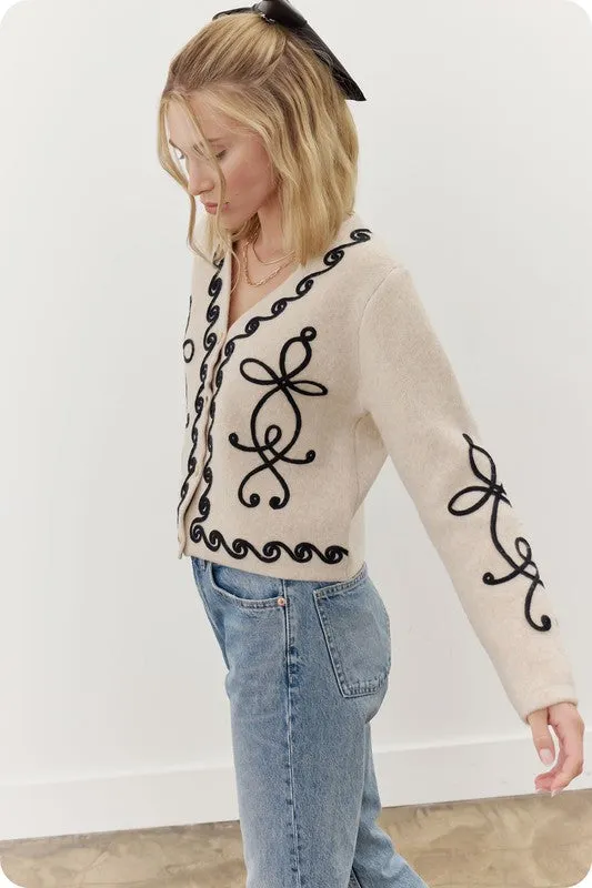 Ecru/Black Contrast Squiggle Embroidered Cardigan Sweater