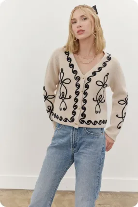 Ecru/Black Contrast Squiggle Embroidered Cardigan Sweater