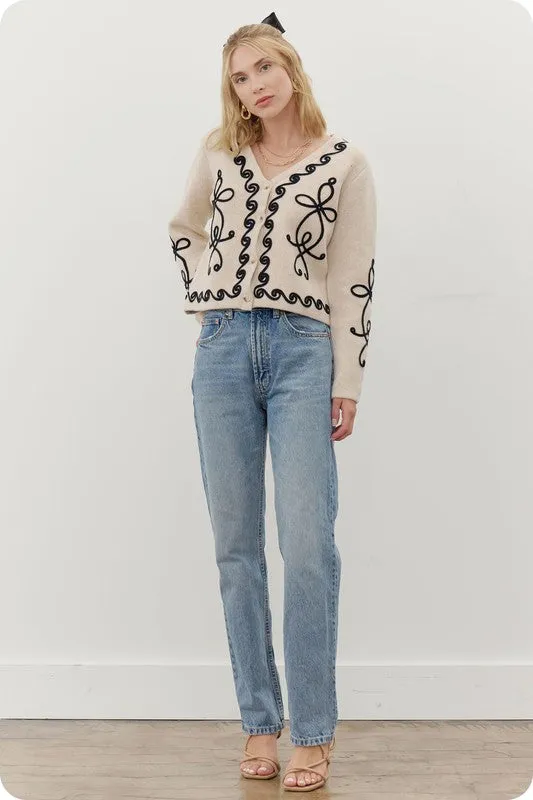 Ecru/Black Contrast Squiggle Embroidered Cardigan Sweater