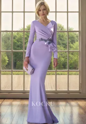 Elegant & Luxurious Long sleeves V-Neck Belt Trumpet/Mermaid Mother of the Bride Dress