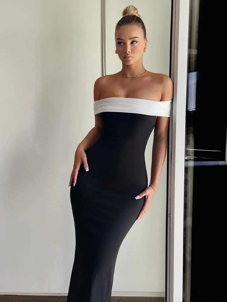 Elegant Off Shoulder Long Slim Bodycon Spring Summer Backless Nightclub Midi Dress