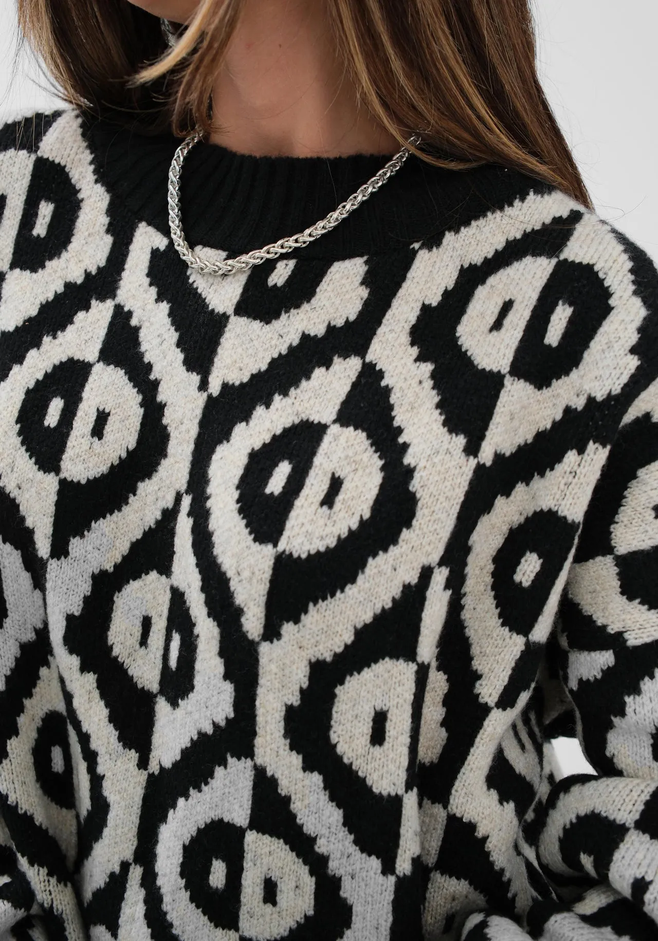 Embroidered Geometric Pattern Oversize Sweater