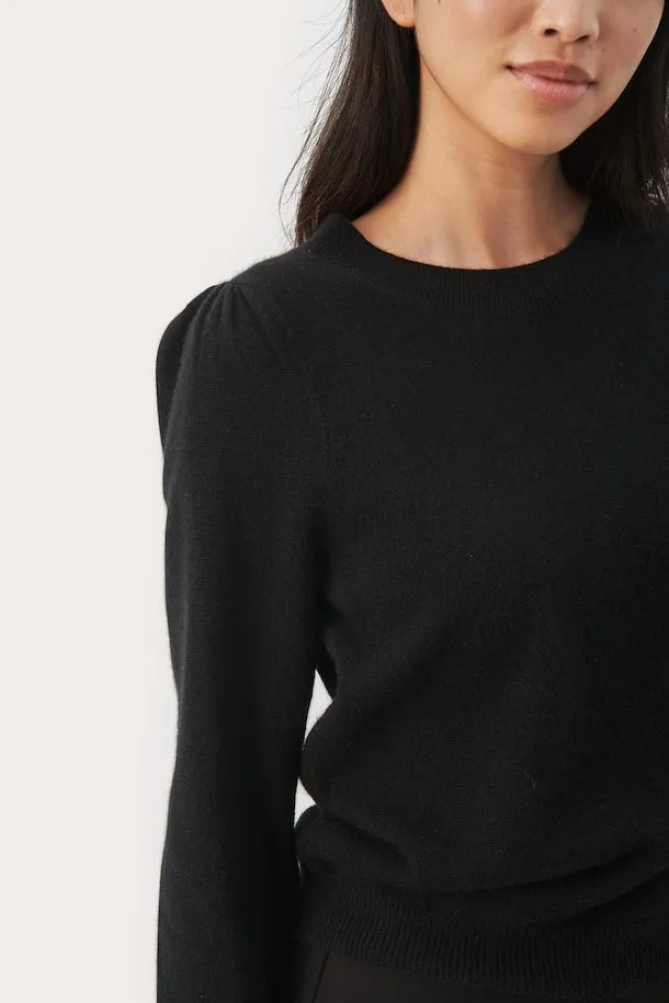 Evina Black Puff Shoulder Cashmere Sweater