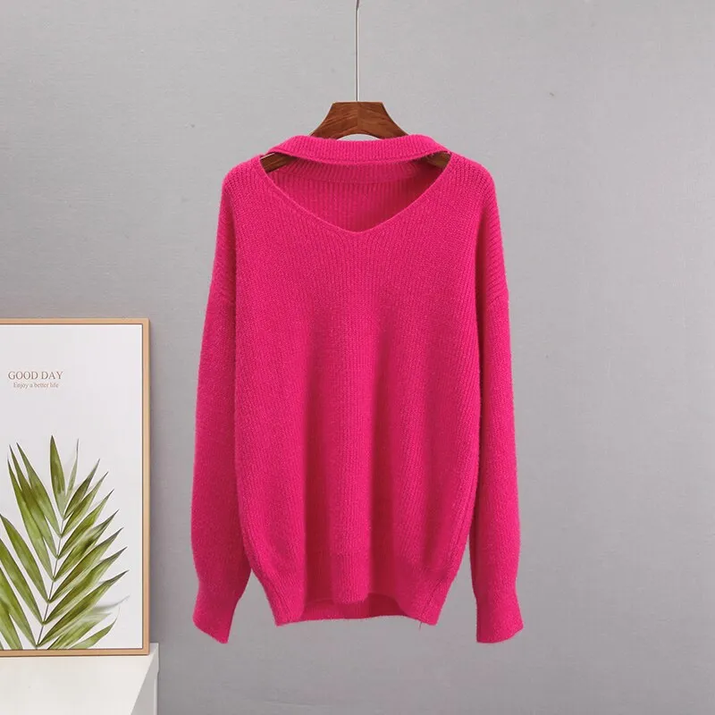 Fashionkova  Winter New V Neck Sweater Women Soft Warm Solid Knitted Female Pullovers Loose Basic Knitwear Imitation Mink Down Jumper