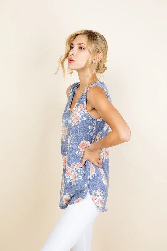 Floral Tank Top with Curved Hemline