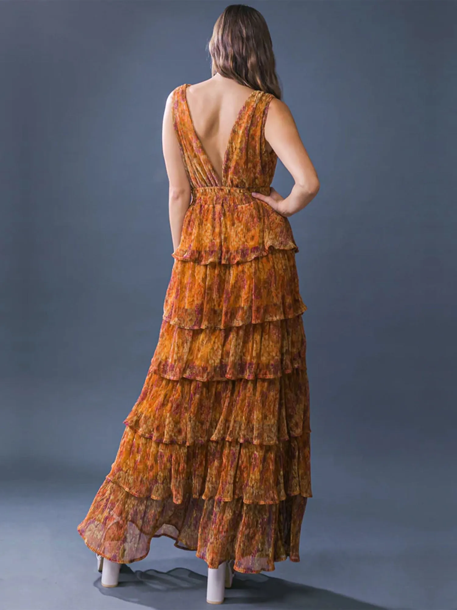 Flying Tomato V-Neck Tiered Lurex Floral Maxi Dress - Brands We Love