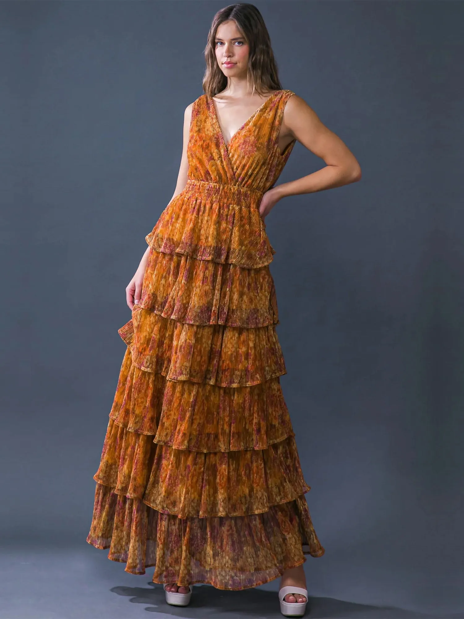 Flying Tomato V-Neck Tiered Lurex Floral Maxi Dress - Brands We Love