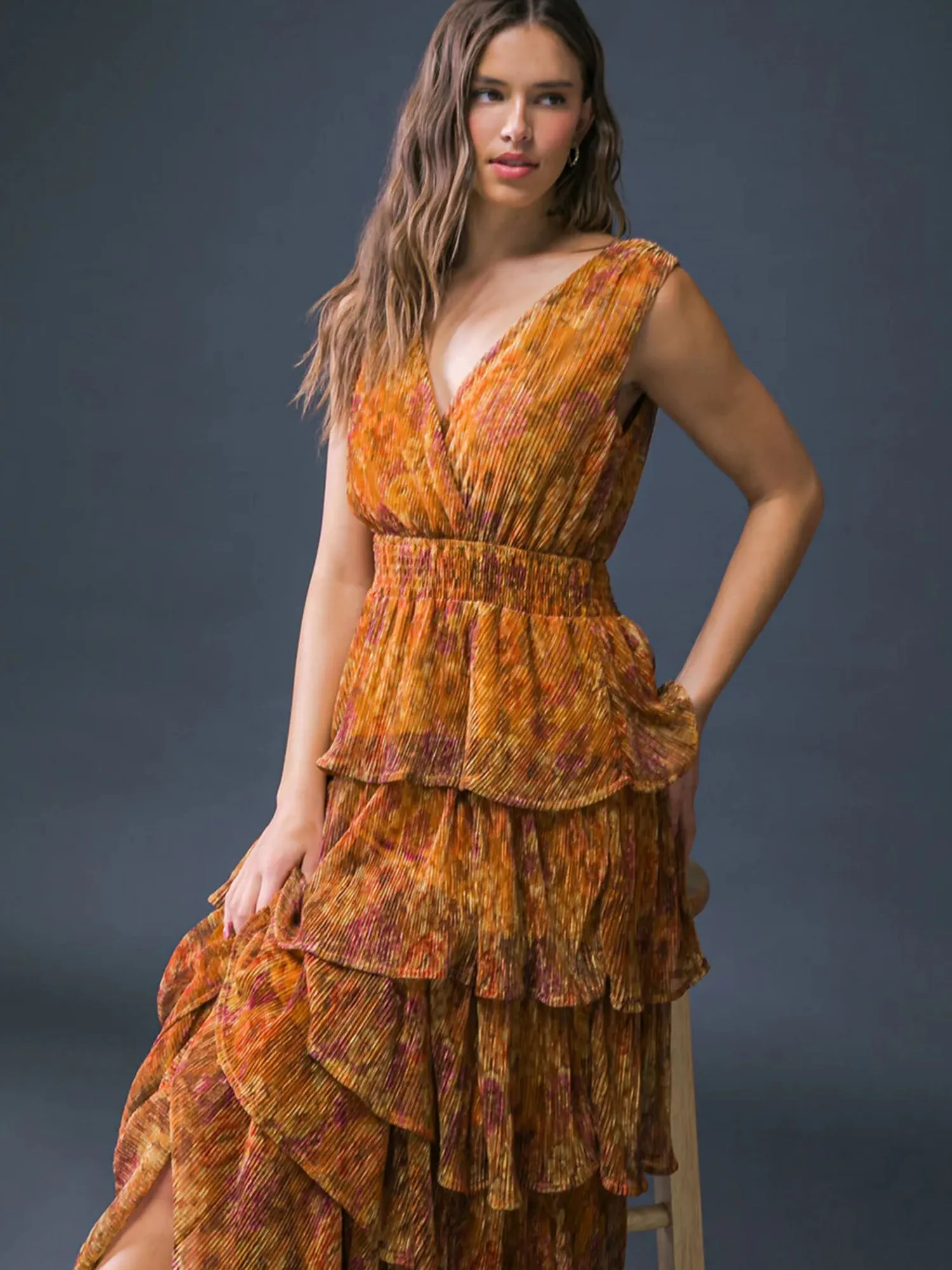 Flying Tomato V-Neck Tiered Lurex Floral Maxi Dress - Brands We Love