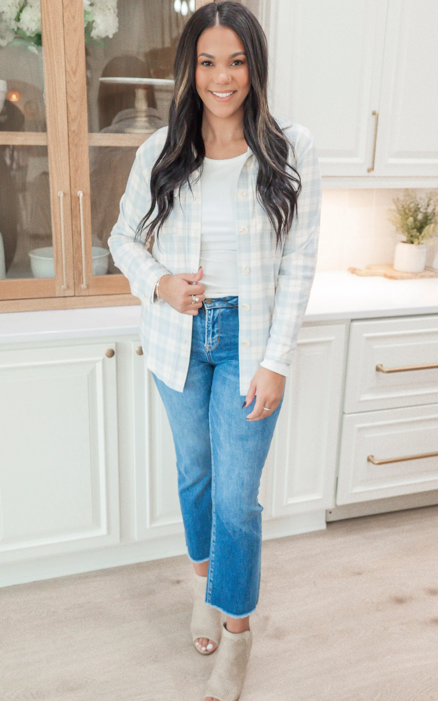 Forever Favorite Plaid Shacket in Cream Mocha Blue #2  | Salty Wave