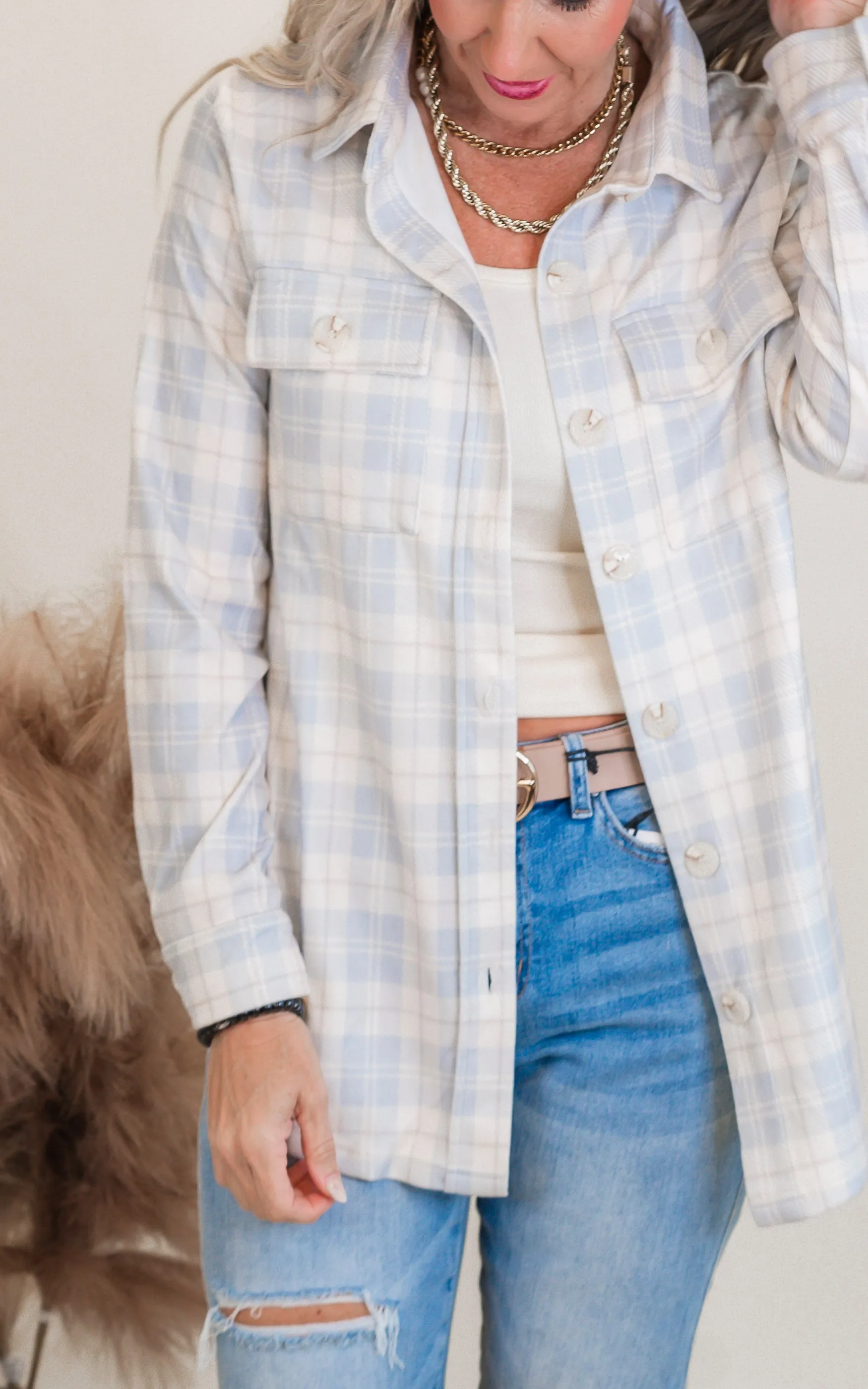 Forever Favorite Plaid Shacket in Ivory Blue Cream #10  | Salty Wave  *