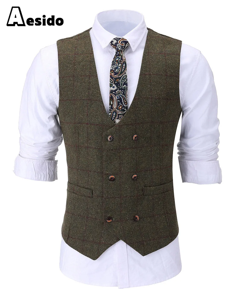 Formal Men's Suit Vest Plaid Tweed U Neck Waistcoat