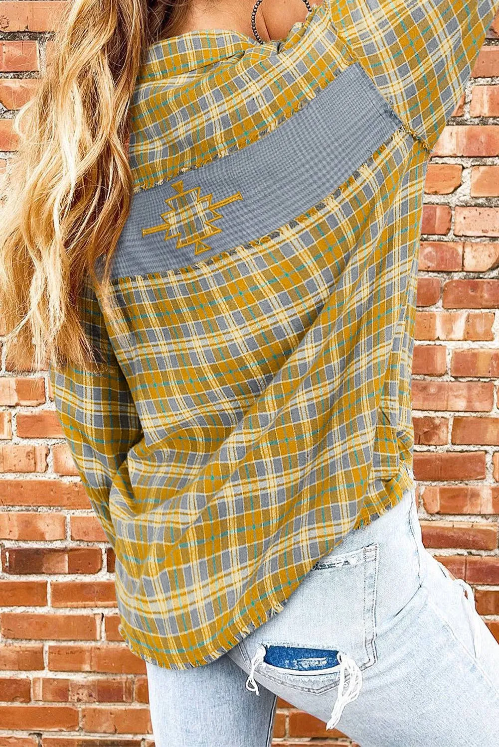 Ginger Plaid Embroidery Patch Button-Down Shacket