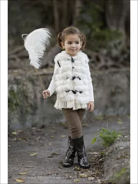 Girls Creme Furry Vest With Pleated Chiffon Trim