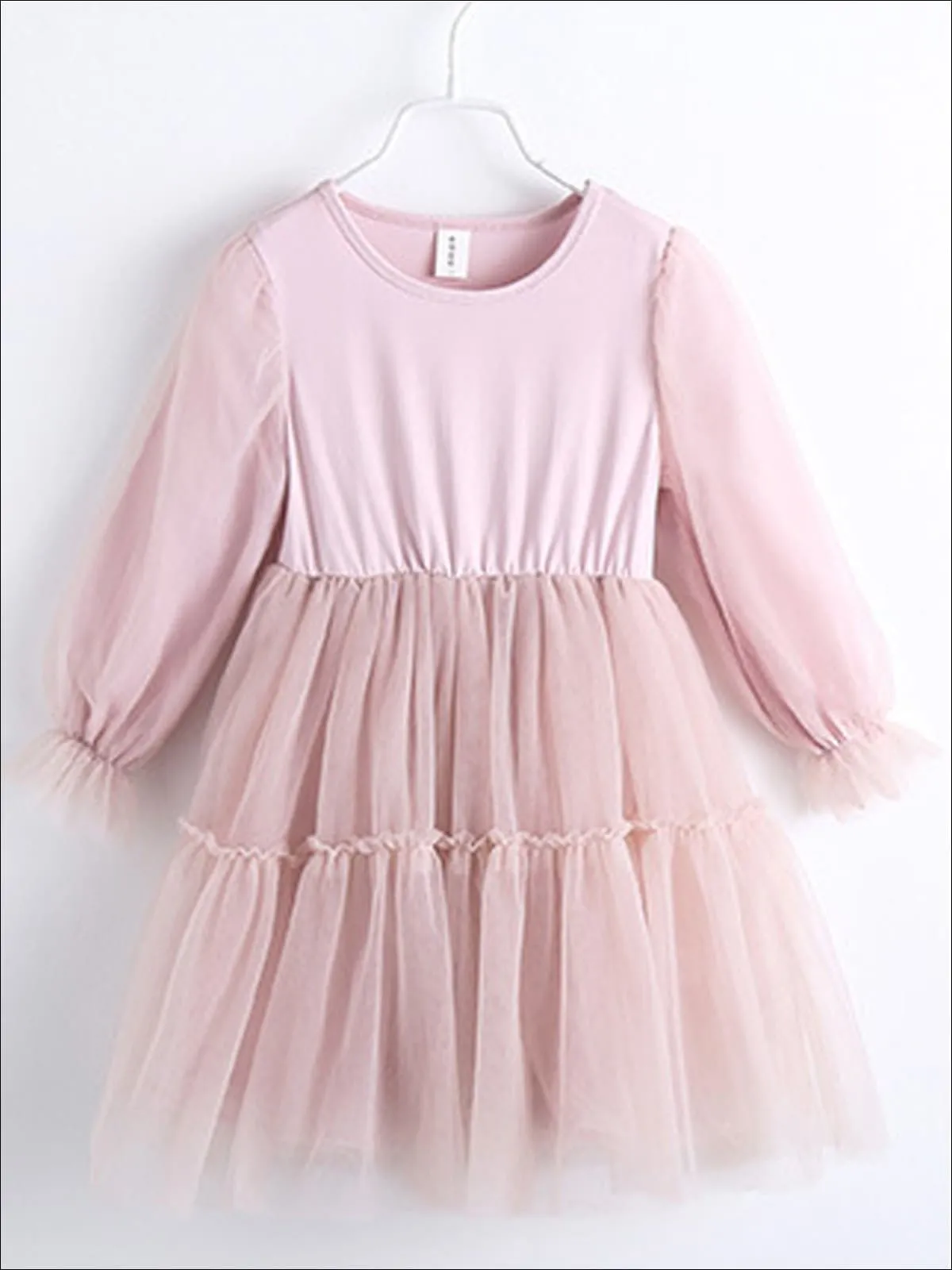 Girls Pink Long Sleeve Tutu Dress with Pearl Embellished And Bow Denim Vest