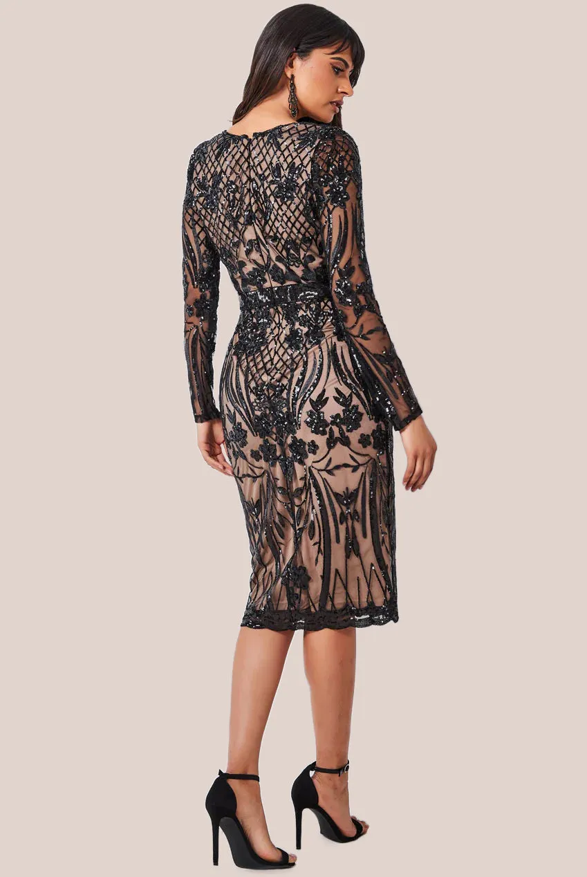 Goddiva Full Sleeve Sequin Midi Dress - Black