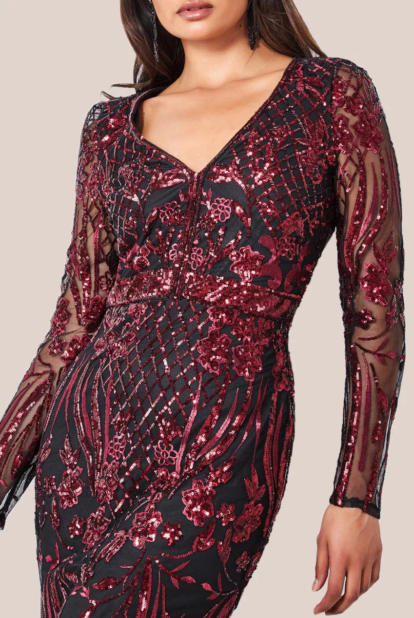 Goddiva Full Sleeve Sequin Midi Dress - Wine