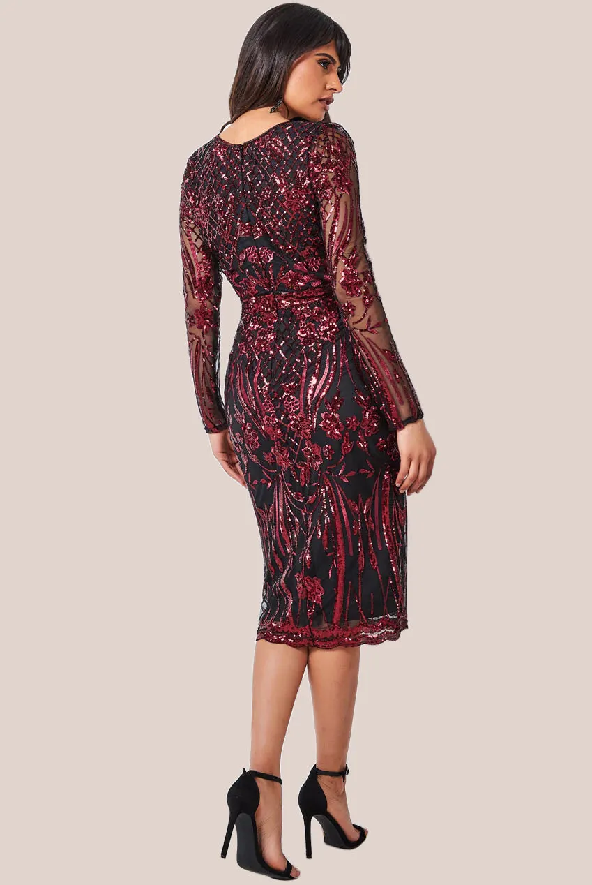 Goddiva Full Sleeve Sequin Midi Dress - Wine