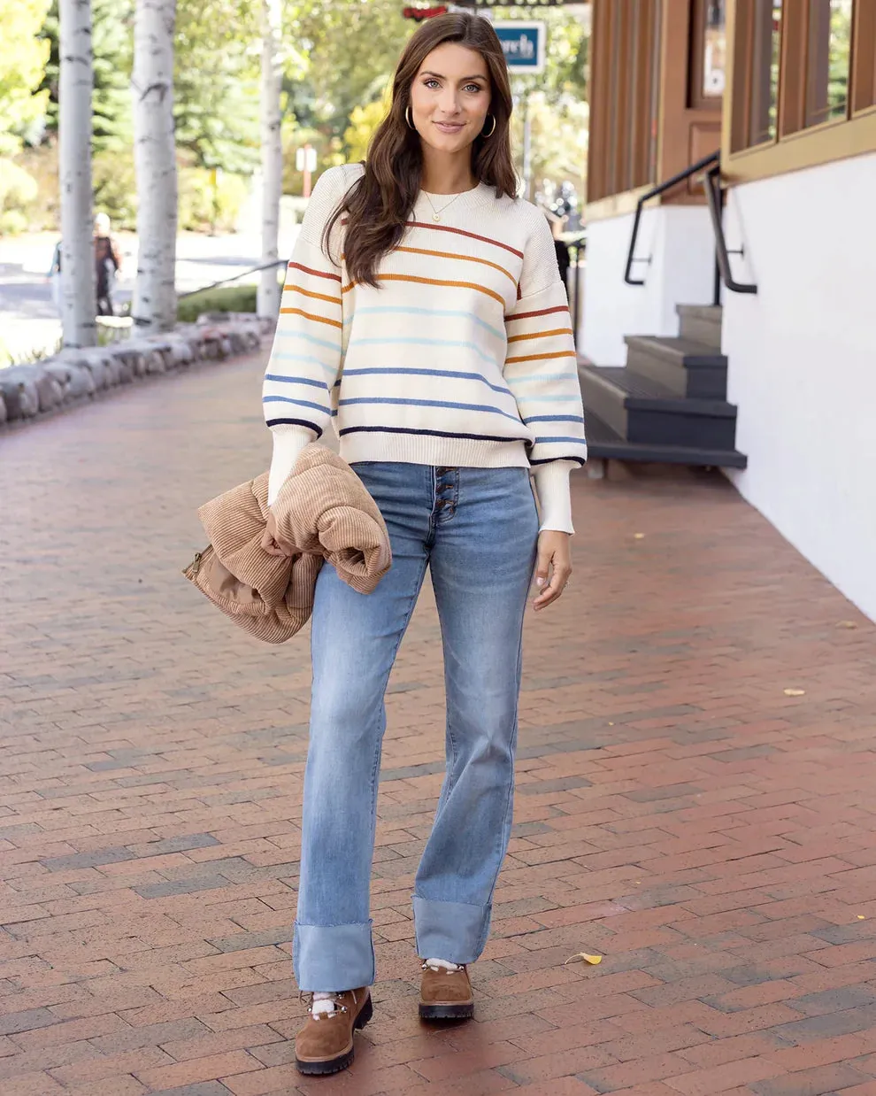 Grace & Lace Crew Neck Striped Sweater - Ivory Multi