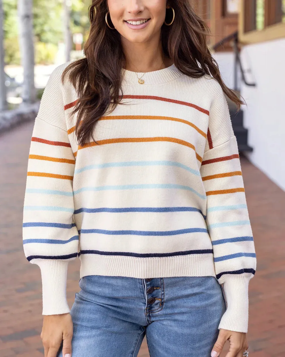 Grace & Lace Crew Neck Striped Sweater - Ivory Multi