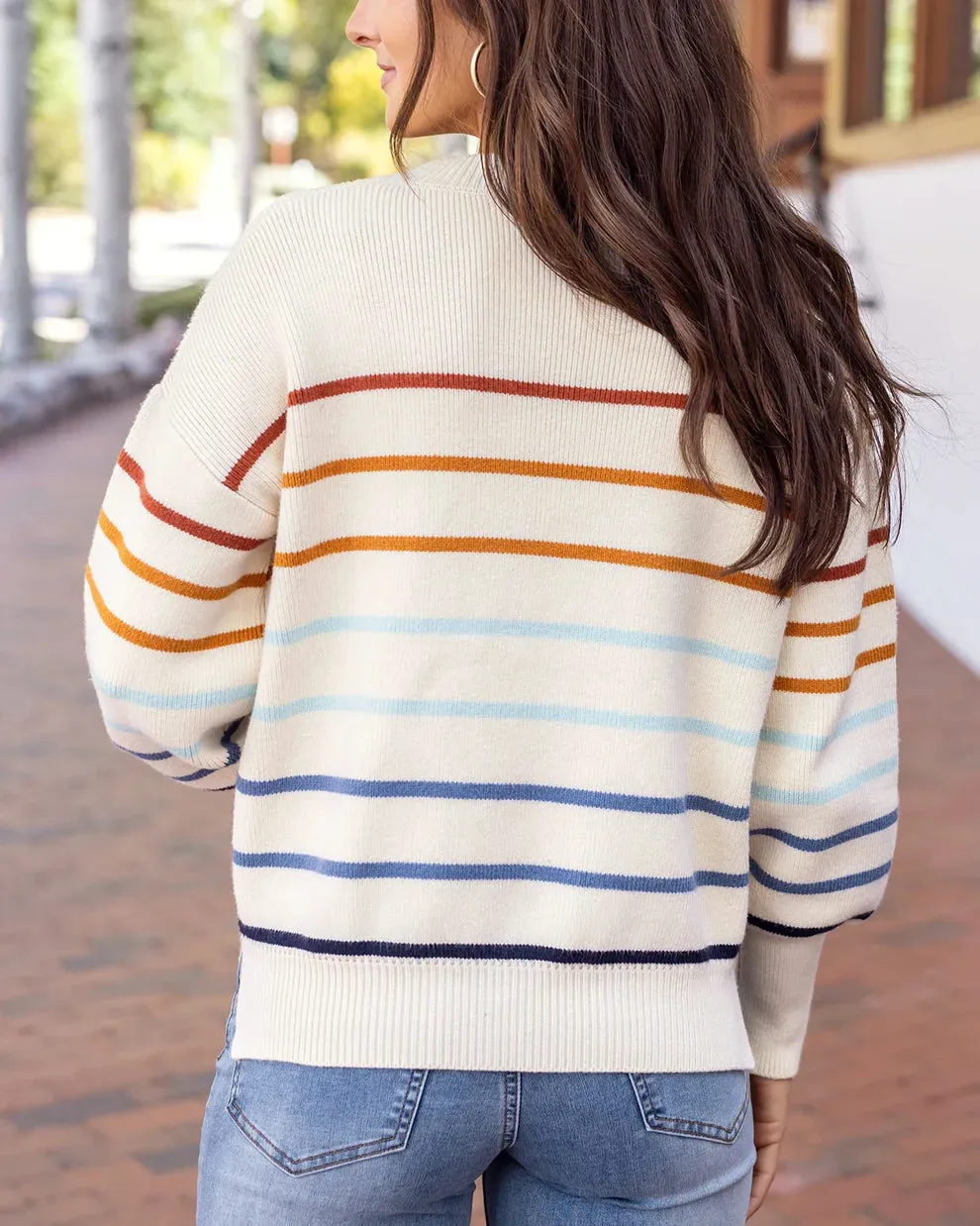 Grace & Lace Crew Neck Striped Sweater - Ivory Multi